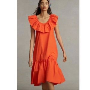 Anthropologie Bright Orange Red WHIT TWO Flouncy Ruffled Midi Dress NWOT Sz S